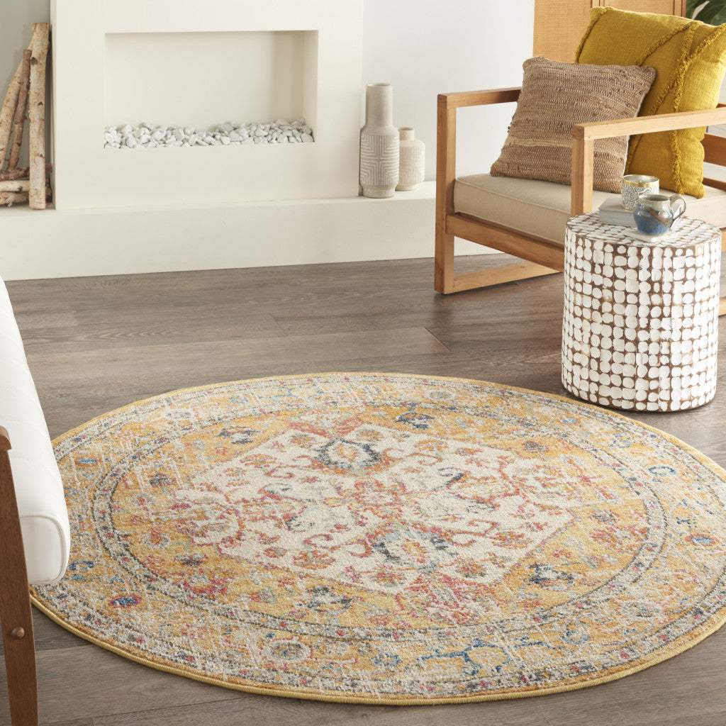 5' Yellow and Ivory Round Floral Medallion Shag Area Rug - Image 6