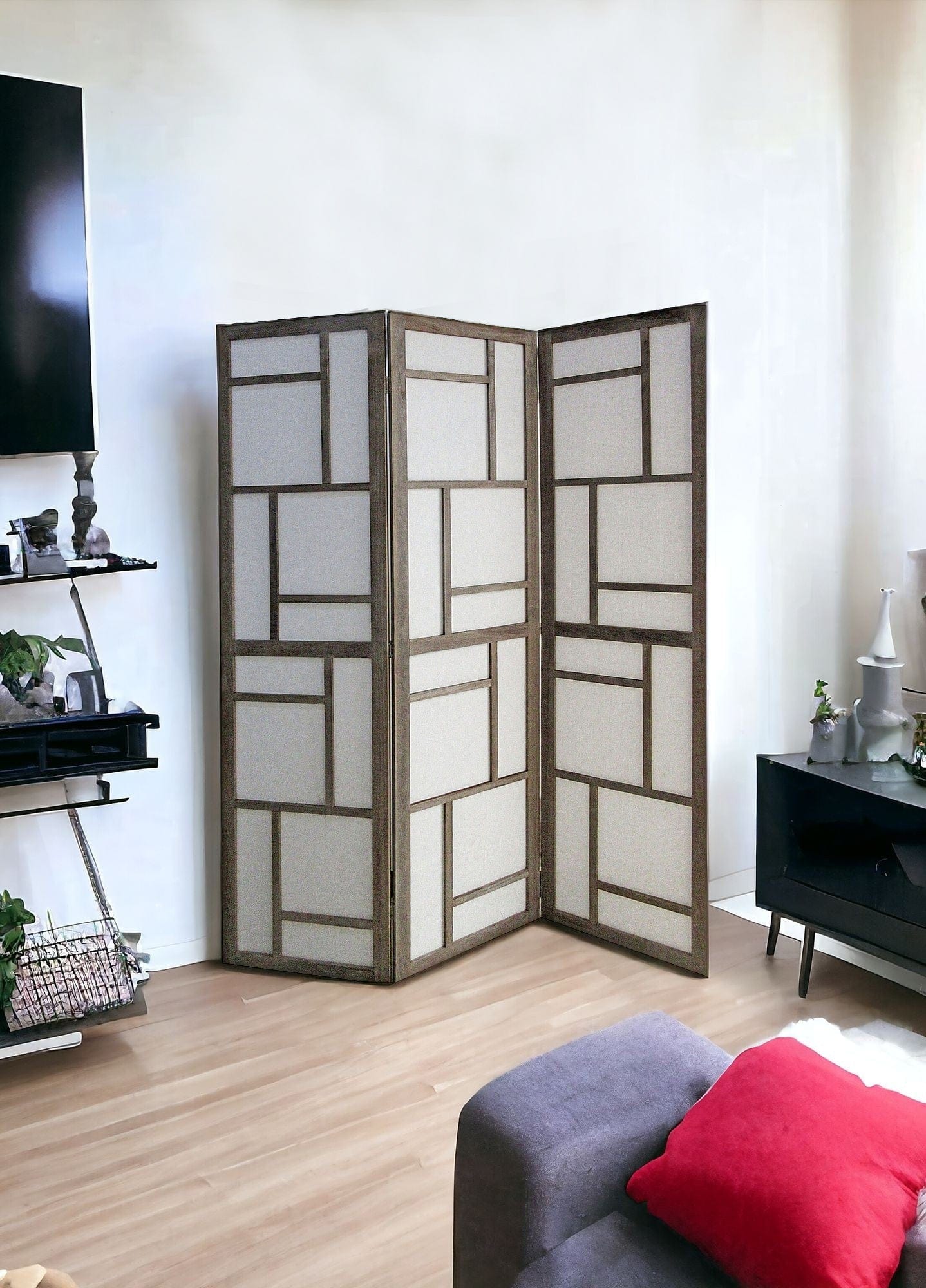 50" Gray and White Wood and Fabric Three Panel Screen Room Divider - Image 2