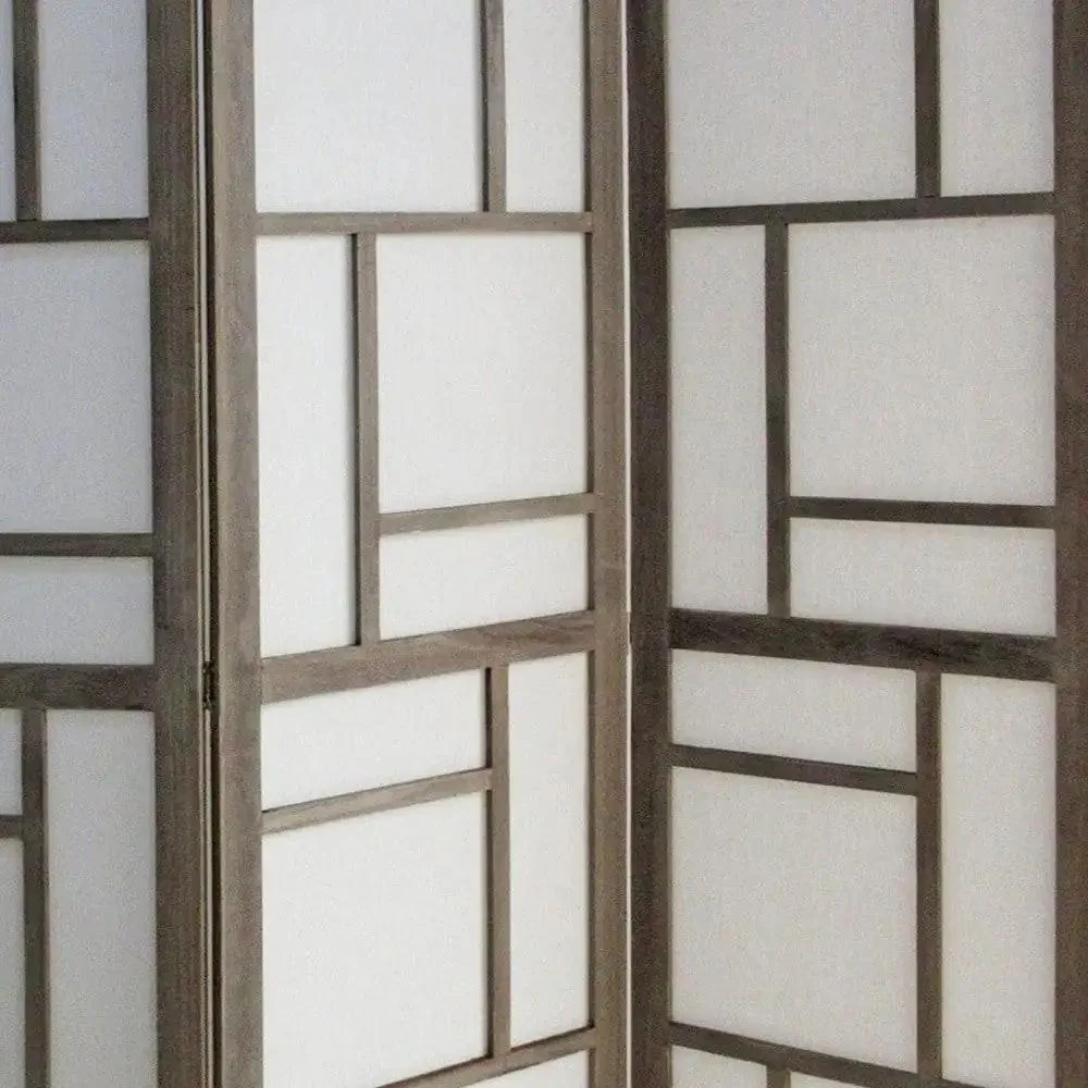 50" Gray and White Wood and Fabric Three Panel Screen Room Divider - Image 3