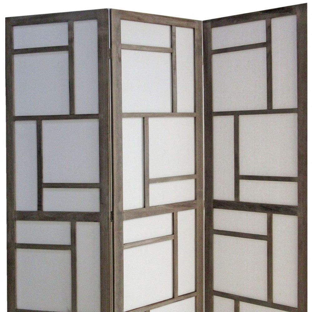 50" Gray and White Wood and Fabric Three Panel Screen Room Divider - Image 4