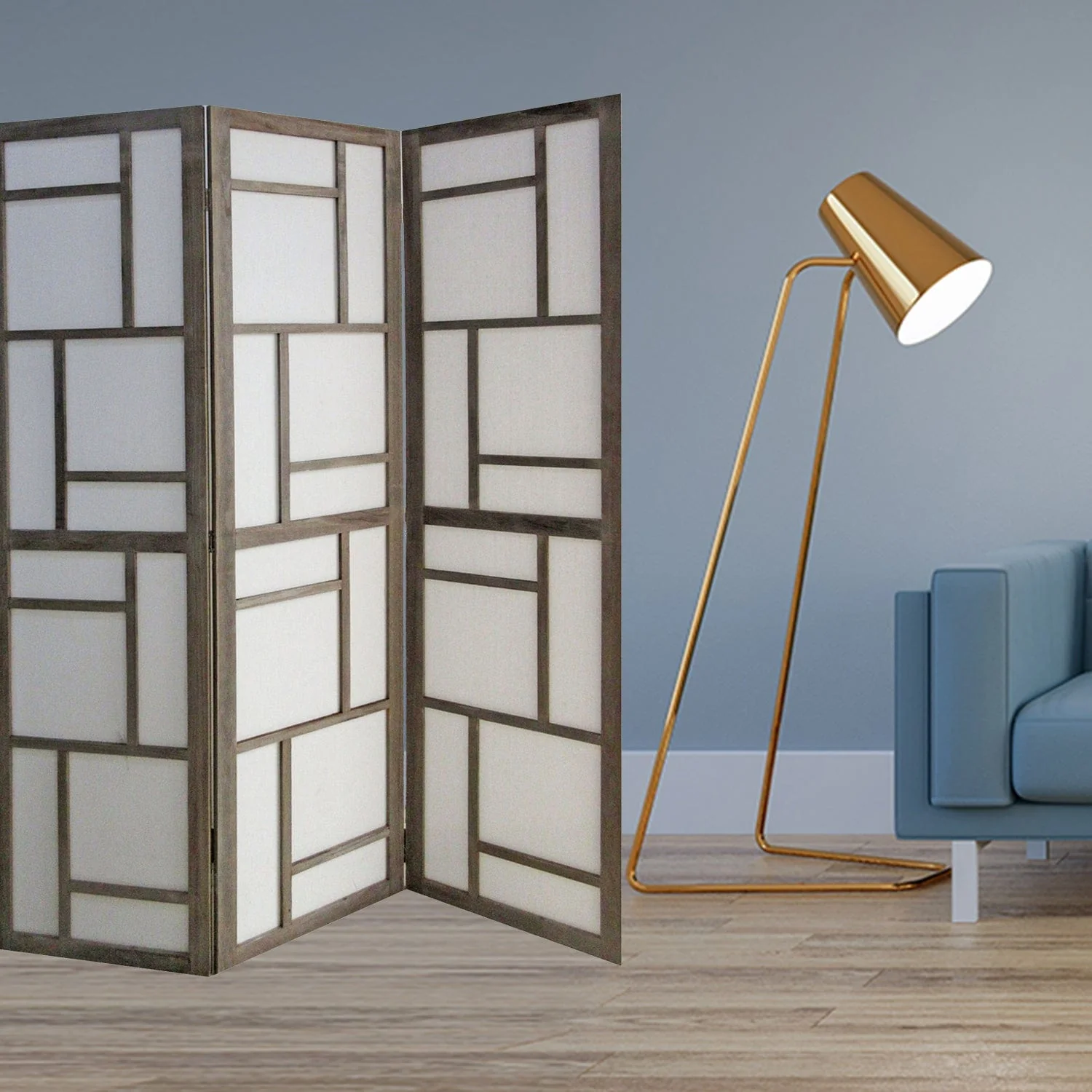 50" Gray and White Wood and Fabric Three Panel Screen Room Divider - Image 5