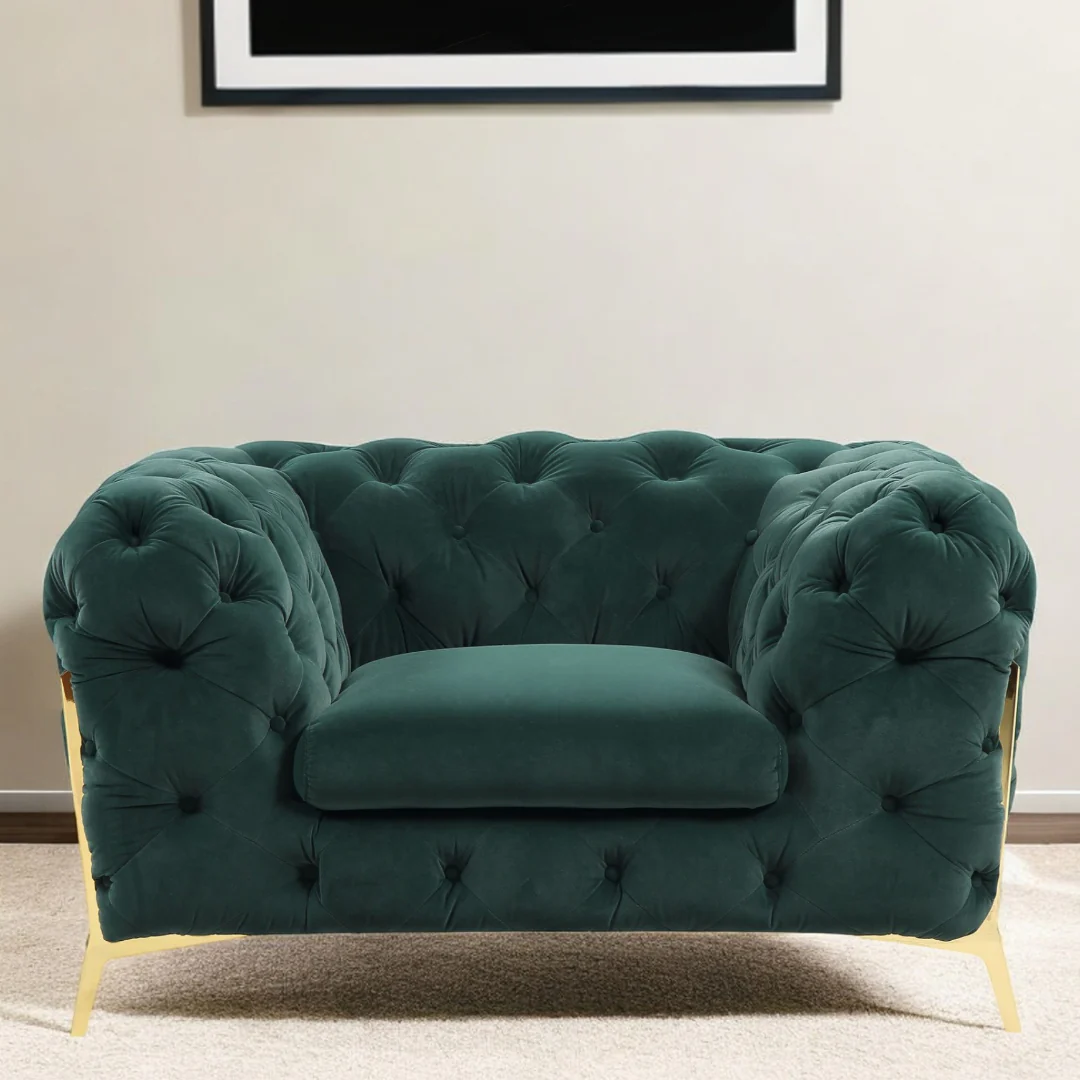 50" Green And Gold Velvet Tufted Club Chair - Image 2