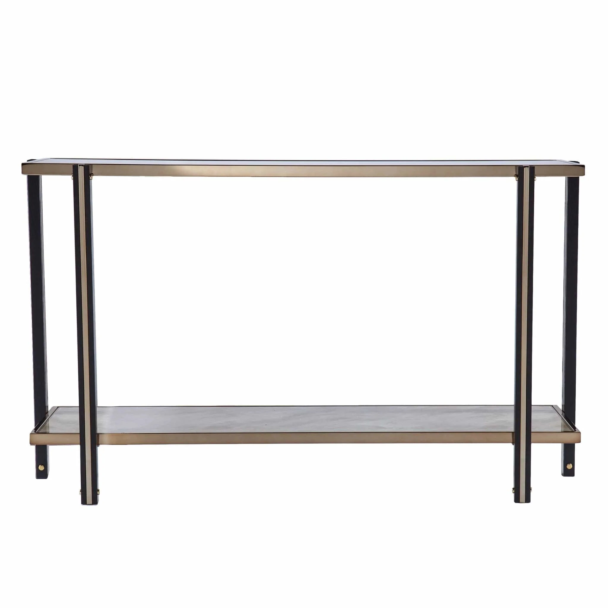 50" Smoky Black and Champagne Glass Mirrored Floor Shelf Console Table With Storage - Image 2