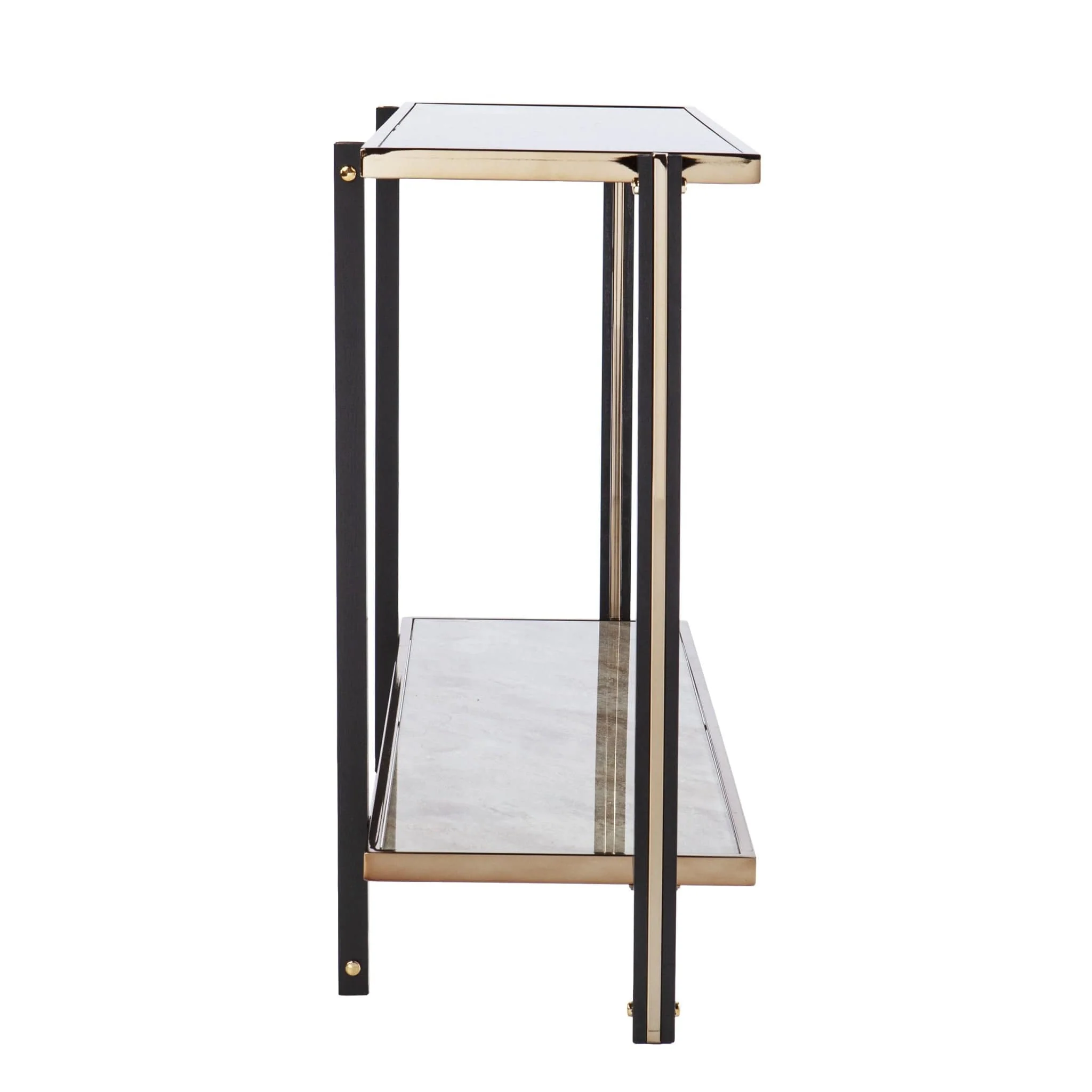 50" Smoky Black and Champagne Glass Mirrored Floor Shelf Console Table With Storage - Image 3