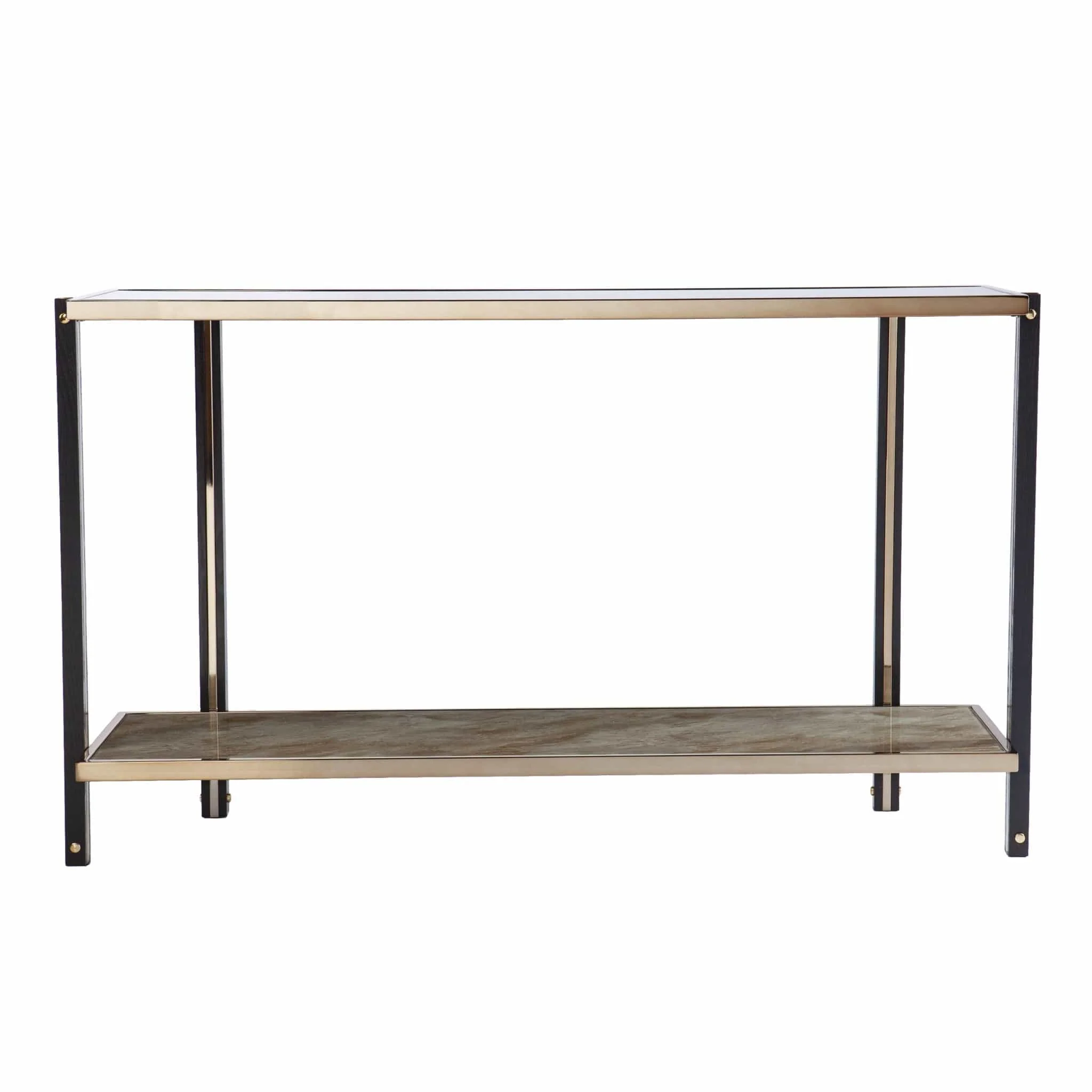 50" Smoky Black and Champagne Glass Mirrored Floor Shelf Console Table With Storage - Image 4