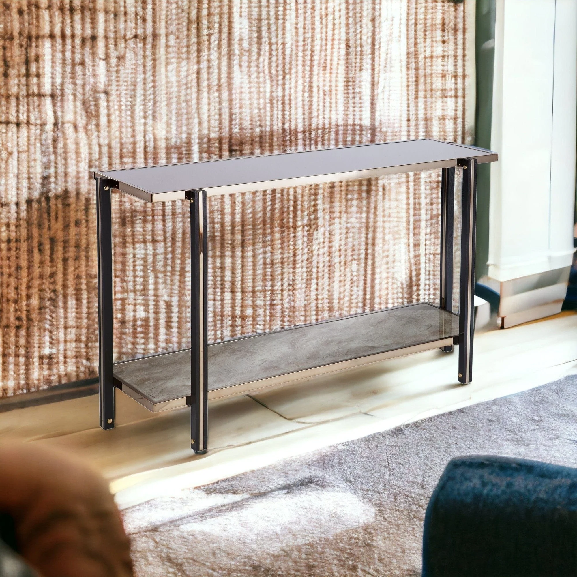 50" Smoky Black and Champagne Glass Mirrored Floor Shelf Console Table With Storage - Image 6