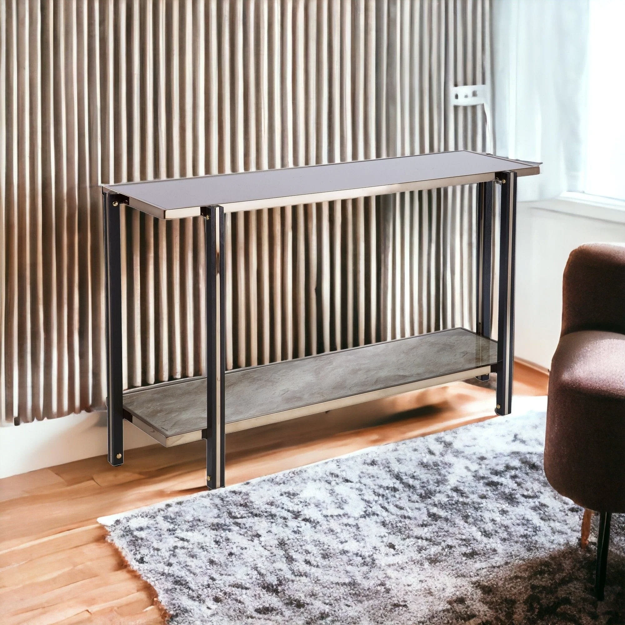 50" Smoky Black and Champagne Glass Mirrored Floor Shelf Console Table With Storage - Image 7
