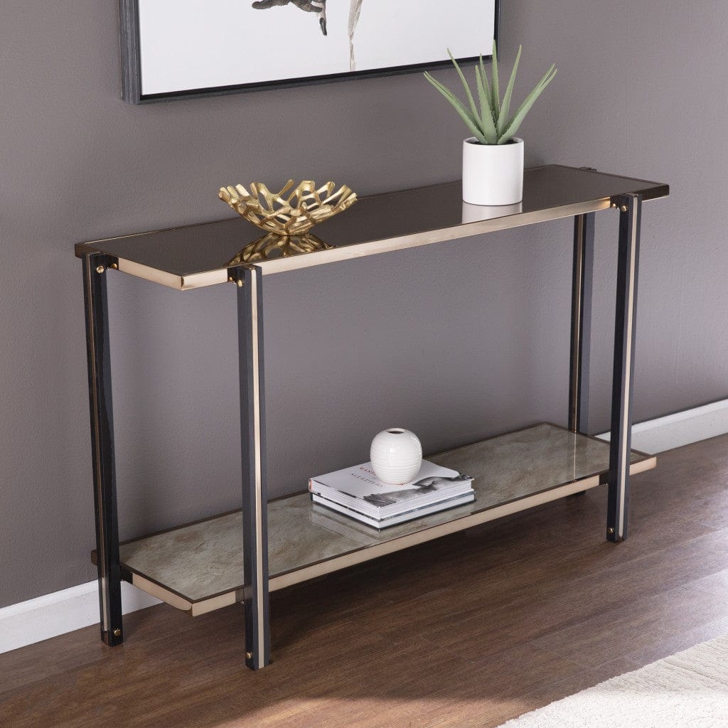 50" Smoky Black and Champagne Glass Mirrored Floor Shelf Console Table With Storage - Image 8