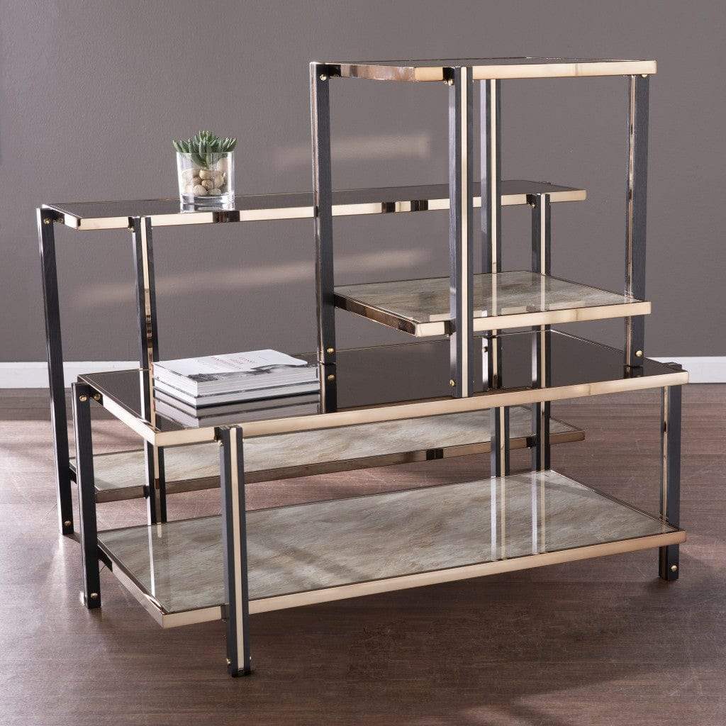 50" Smoky Black and Champagne Glass Mirrored Floor Shelf Console Table With Storage - Image 9