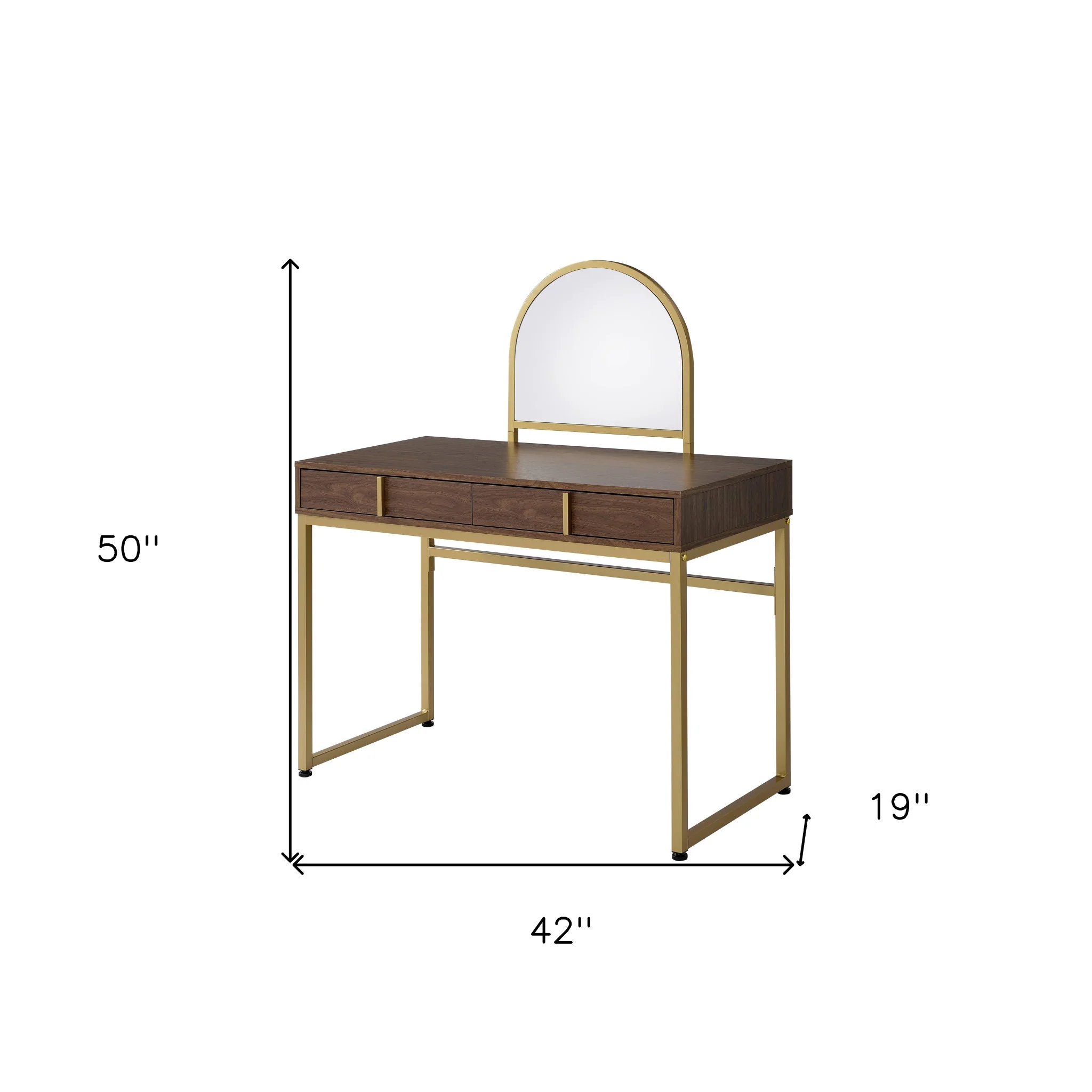 50" Walnut & Gold Finish Round Dresser Mirror - Image 5
