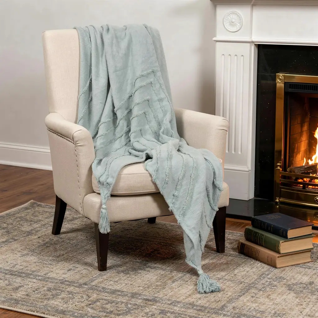50" X 60" Aqua Cotton Woven Geometric Throw Blanket with Tassels