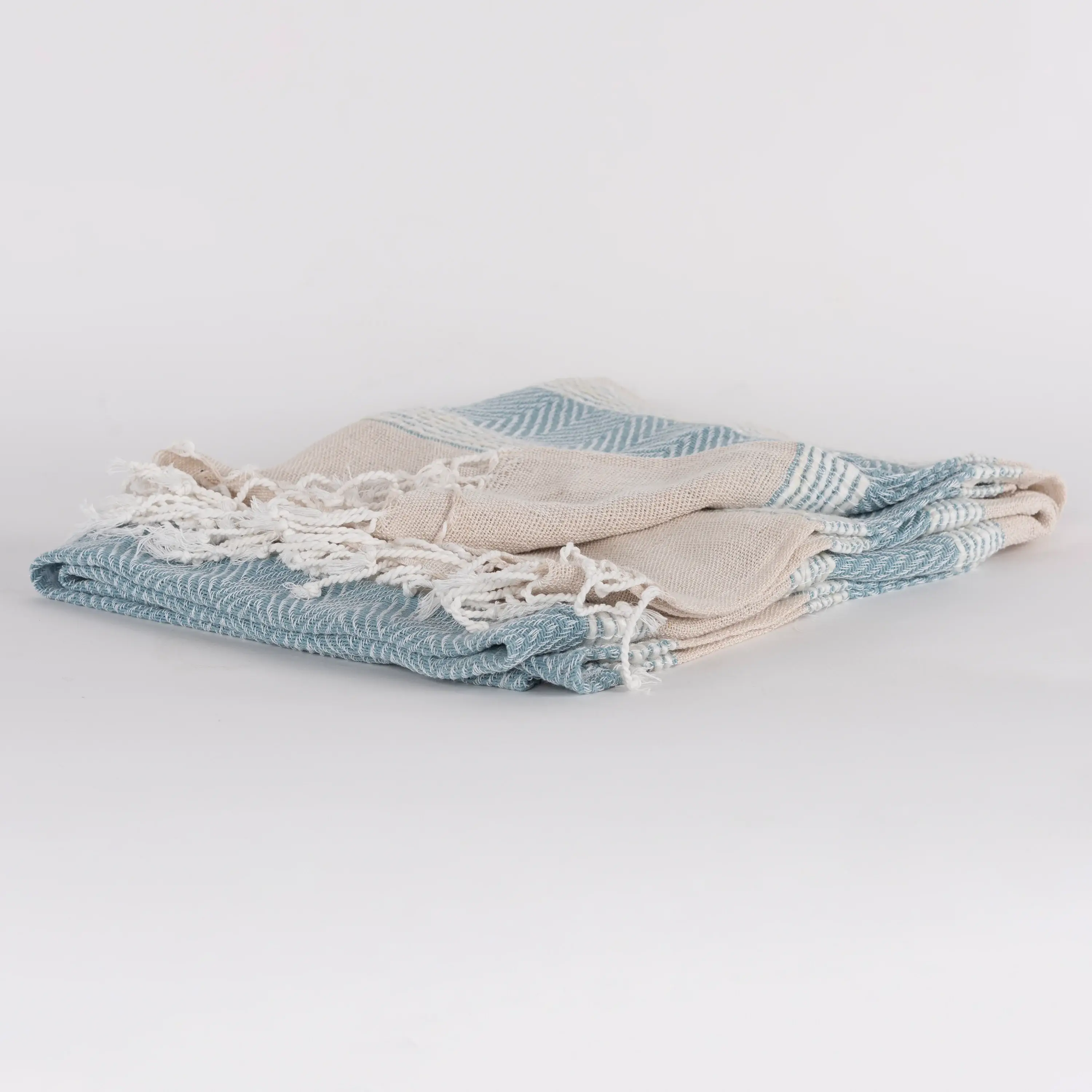 50" X 60" Aqua Cotton Woven Striped Throw Blanket with Fringe - Image 5