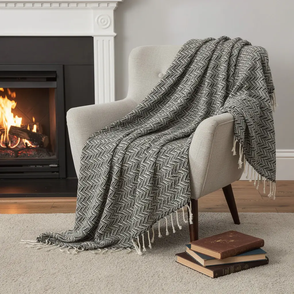 50" X 60" Black And Ivory Chevron Cotton Throw Blanket with Fringe