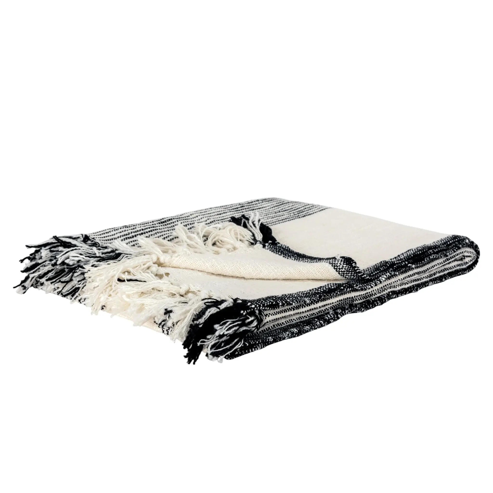 50" X 60" Black And Ivory Cotton Woven Striped Throw Blanket with Fringe - Image 2
