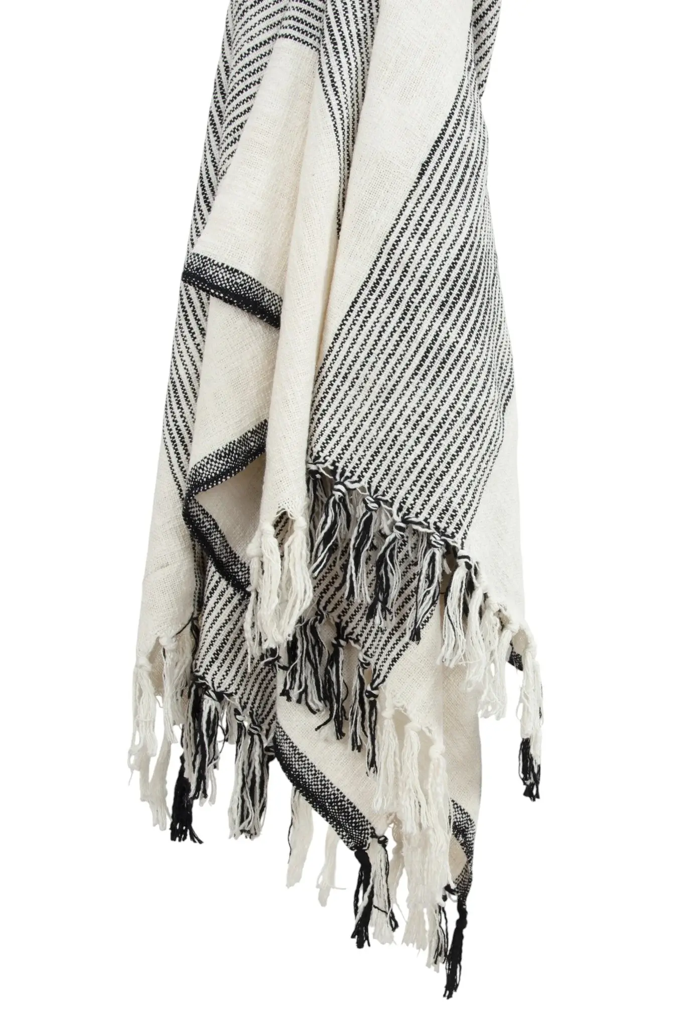 50" X 60" Black And Ivory Cotton Woven Striped Throw Blanket with Fringe - Image 3
