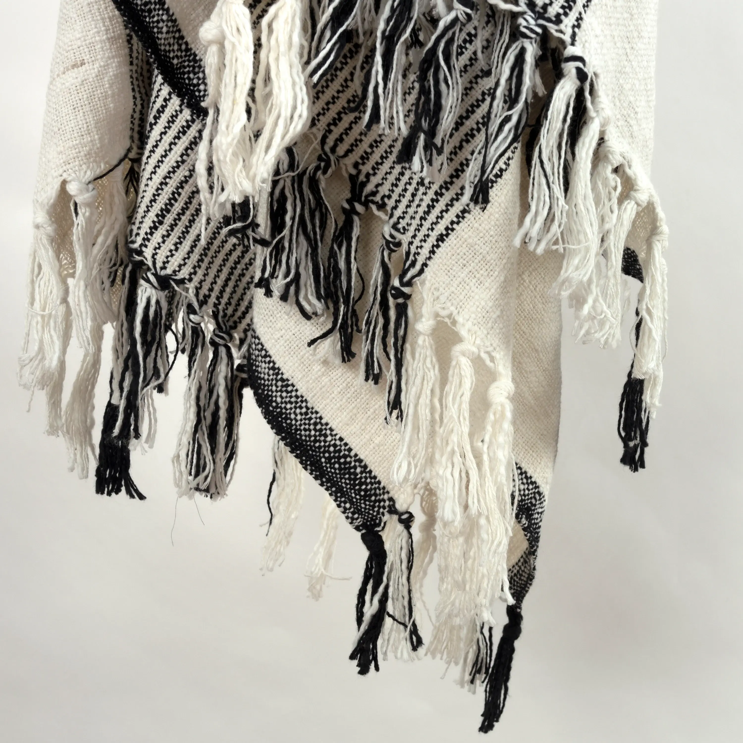 50" X 60" Black And Ivory Cotton Woven Striped Throw Blanket with Fringe - Image 4