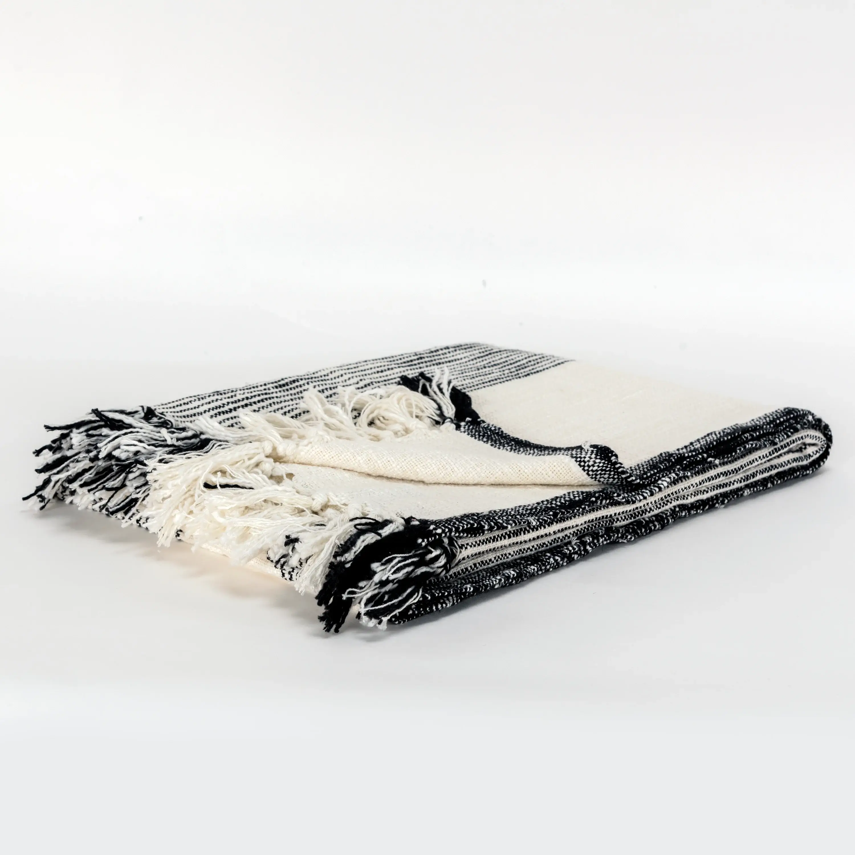 50" X 60" Black And Ivory Cotton Woven Striped Throw Blanket with Fringe - Image 5