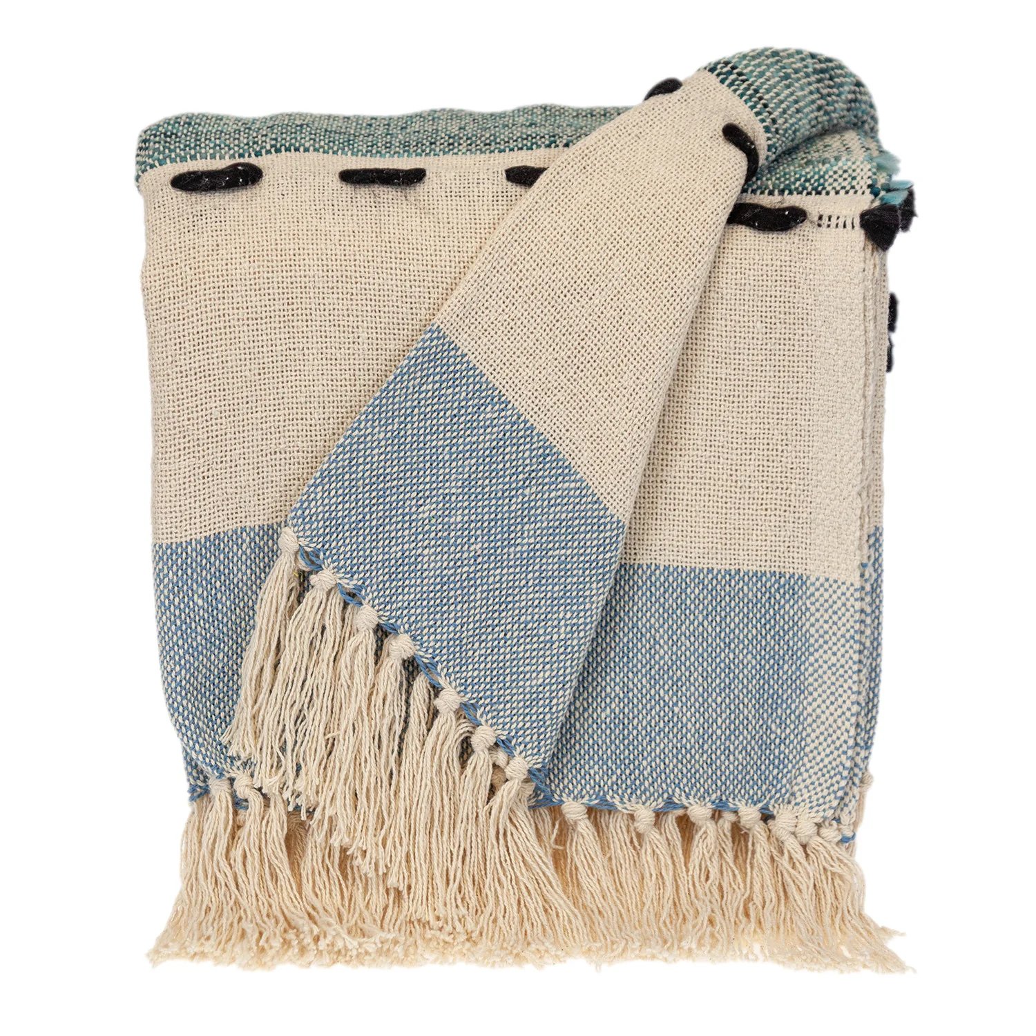 50" X 60" Blue and Ivory Woven Cotton Striped Throw Blanket with Tassels - Image 2