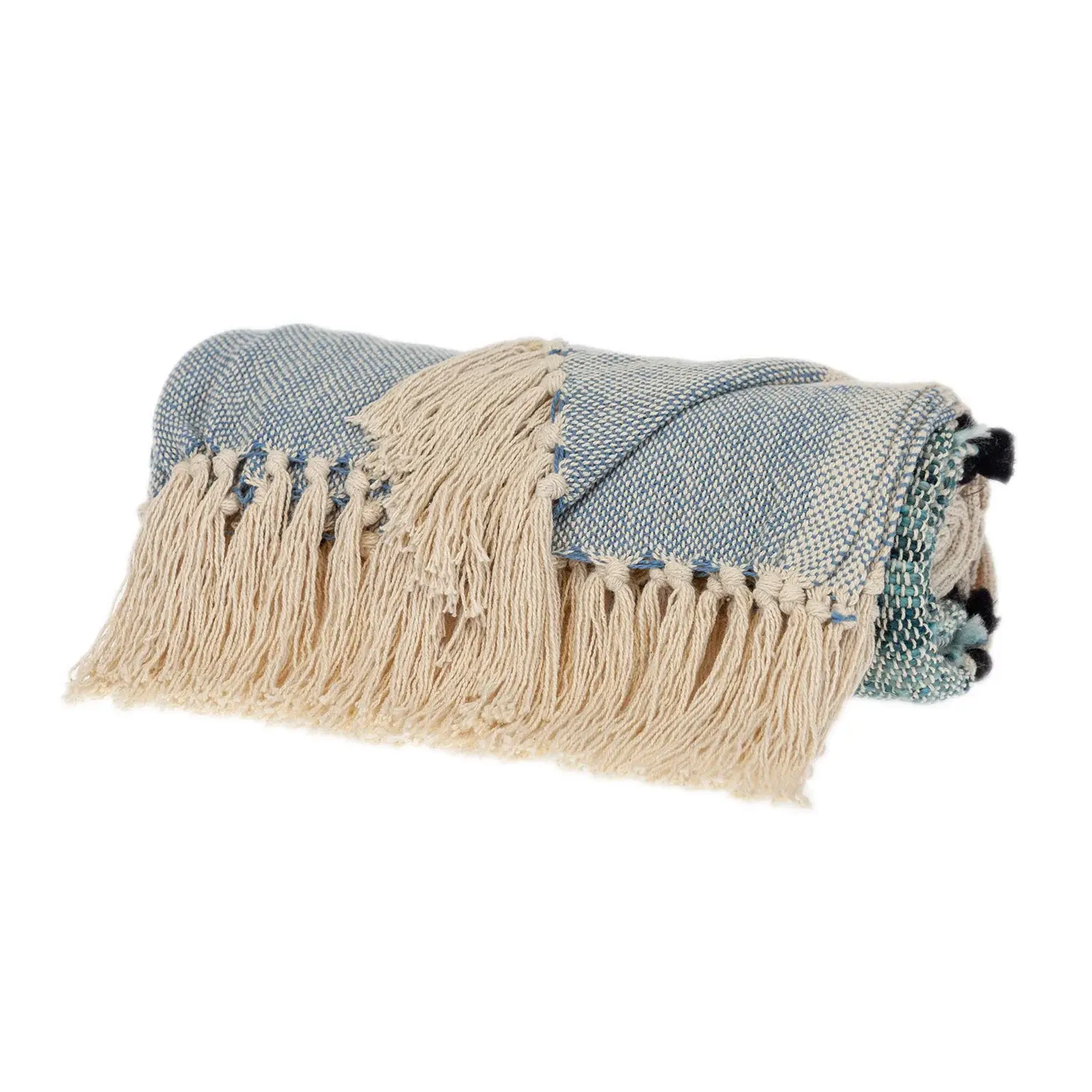 50" X 60" Blue and Ivory Woven Cotton Striped Throw Blanket with Tassels - Image 3