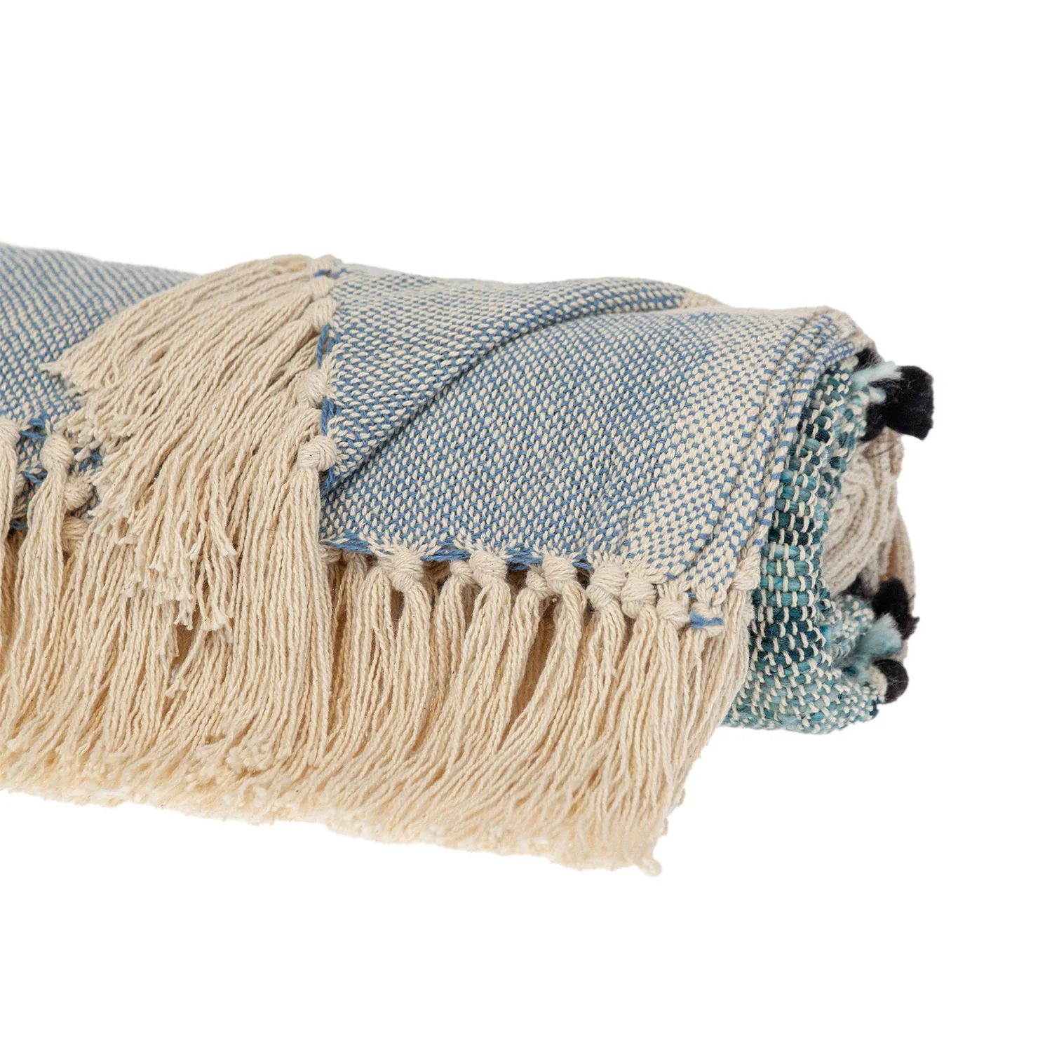 50" X 60" Blue and Ivory Woven Cotton Striped Throw Blanket with Tassels - Image 4