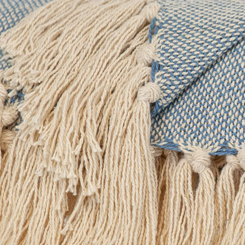 50" X 60" Blue and Ivory Woven Cotton Striped Throw Blanket with Tassels - Image 5