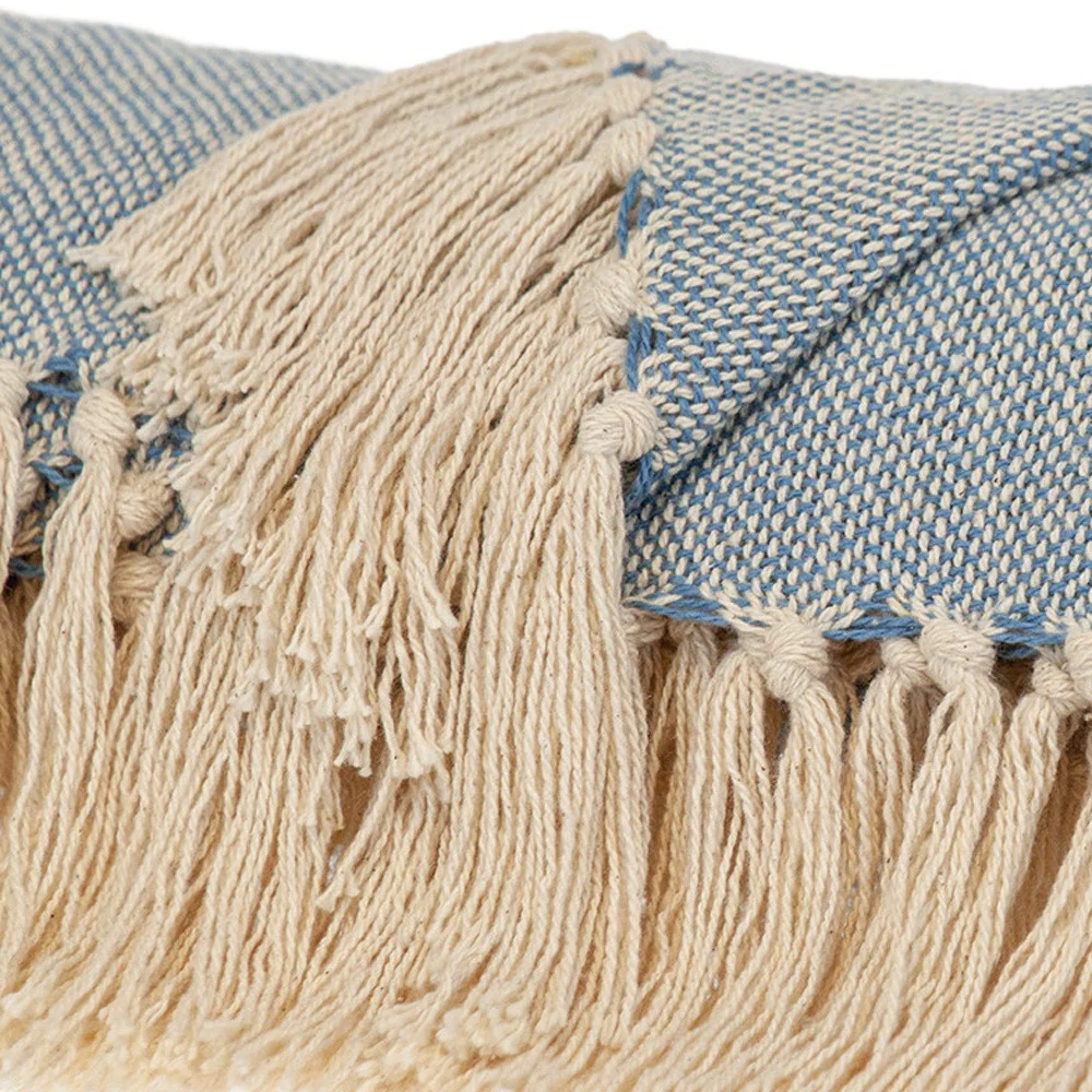 50" X 60" Blue and Ivory Woven Cotton Striped Throw Blanket with Tassels - Image 6