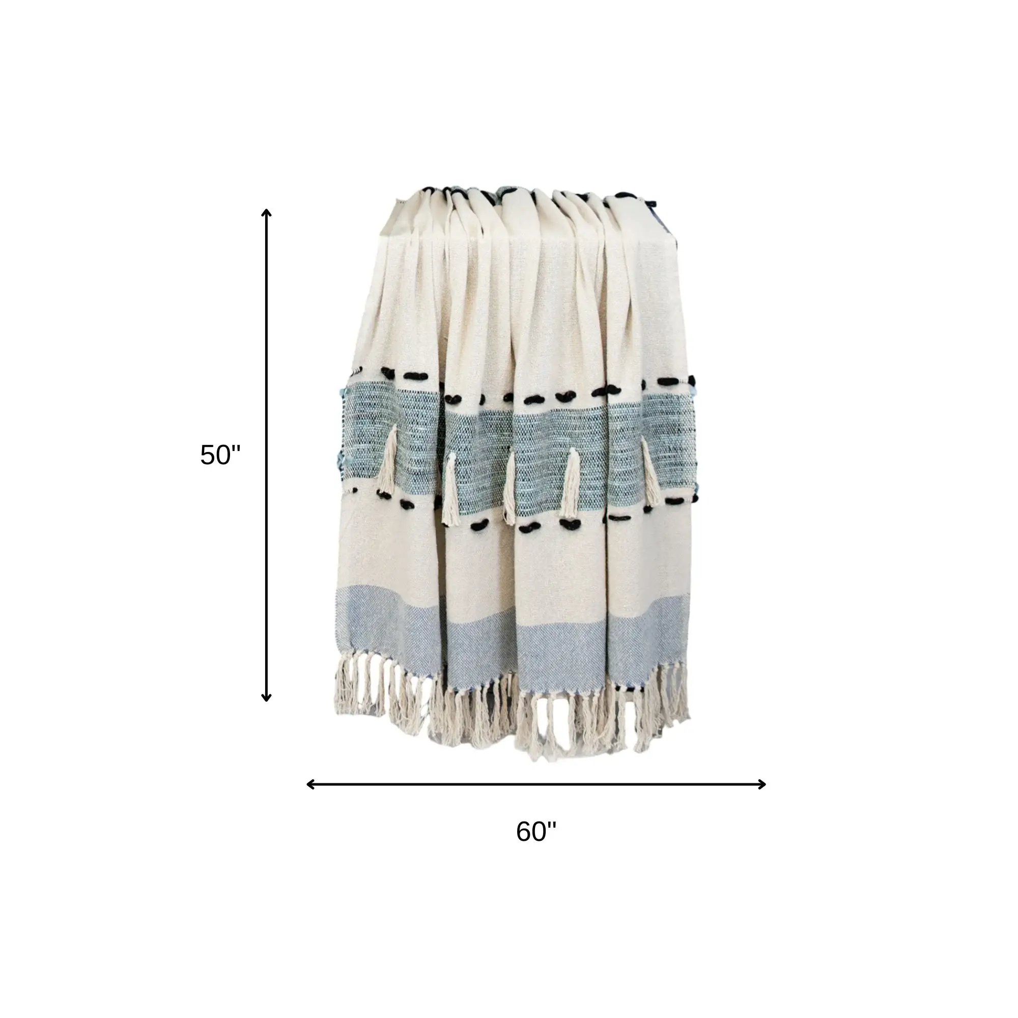 50" X 60" Blue and Ivory Woven Cotton Striped Throw Blanket with Tassels - Image 7