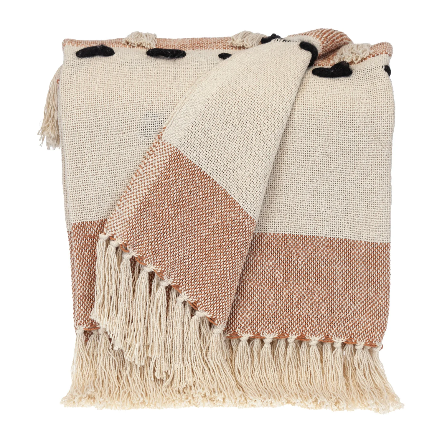 50" X 60" Brown and Ivory Woven Cotton Striped Throw Blanket with Tassels - Image 2