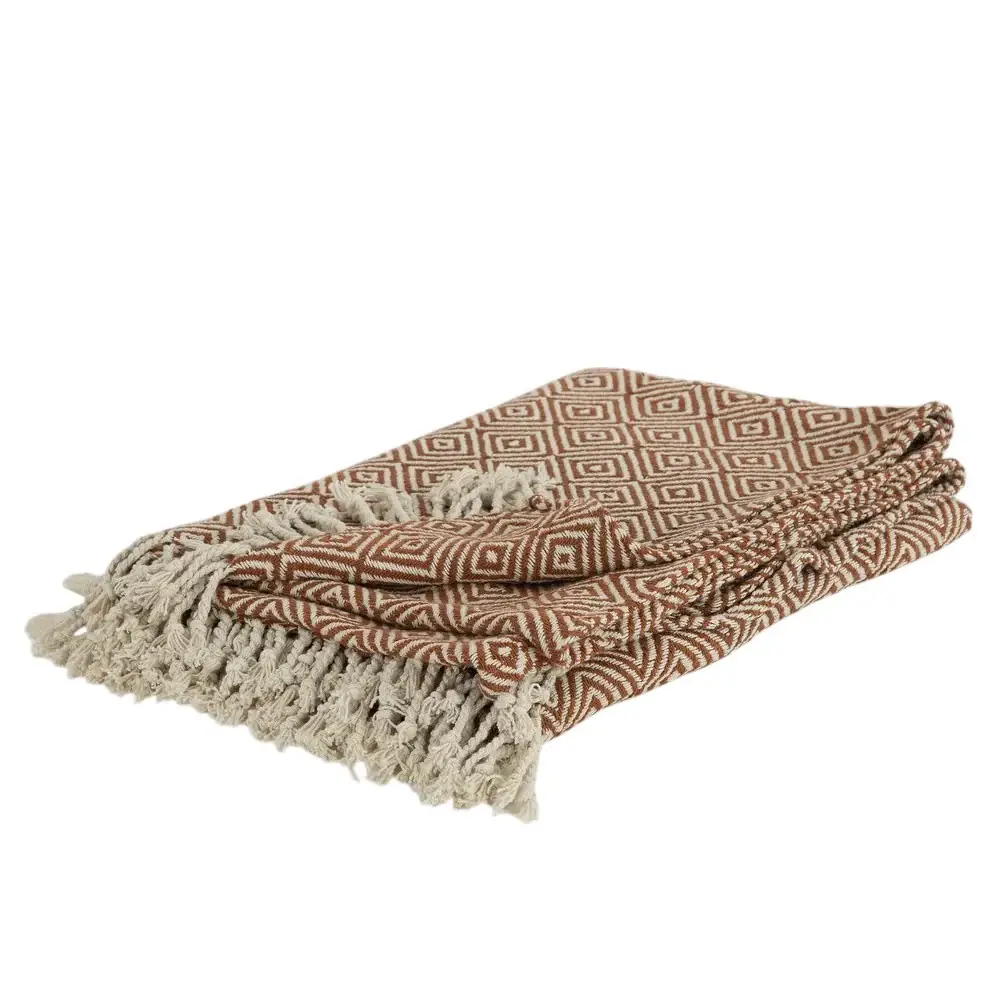 50" X 60" Brown Cotton Woven Geometric Throw Blanket with Fringe - Image 2