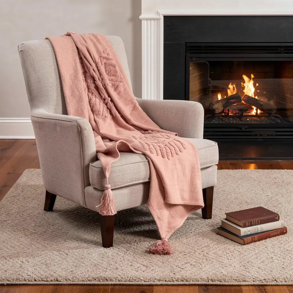 50" X 60" Coral Cotton Woven Ikat Throw Blanket with Tassels