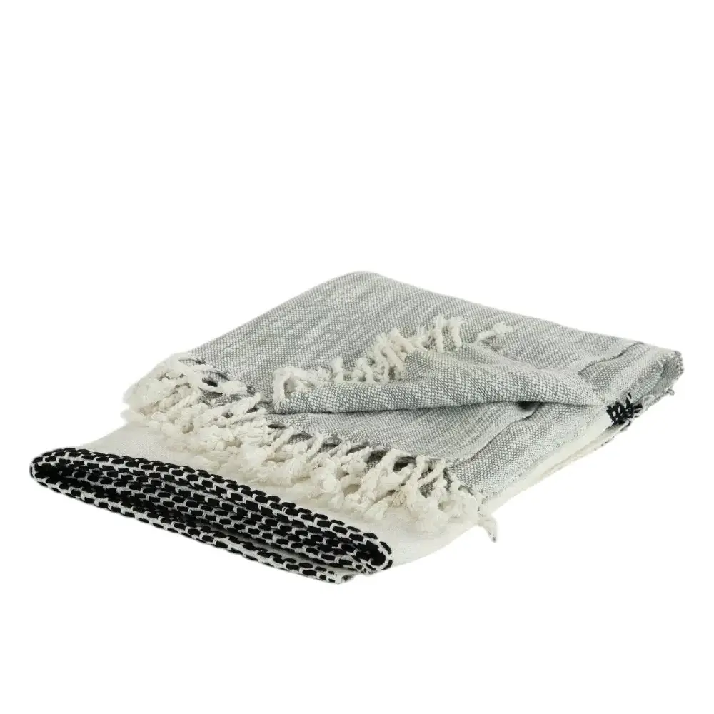 50" X 60" Gray Cotton Woven Color Block Throw Blanket with Fringe - Image 2