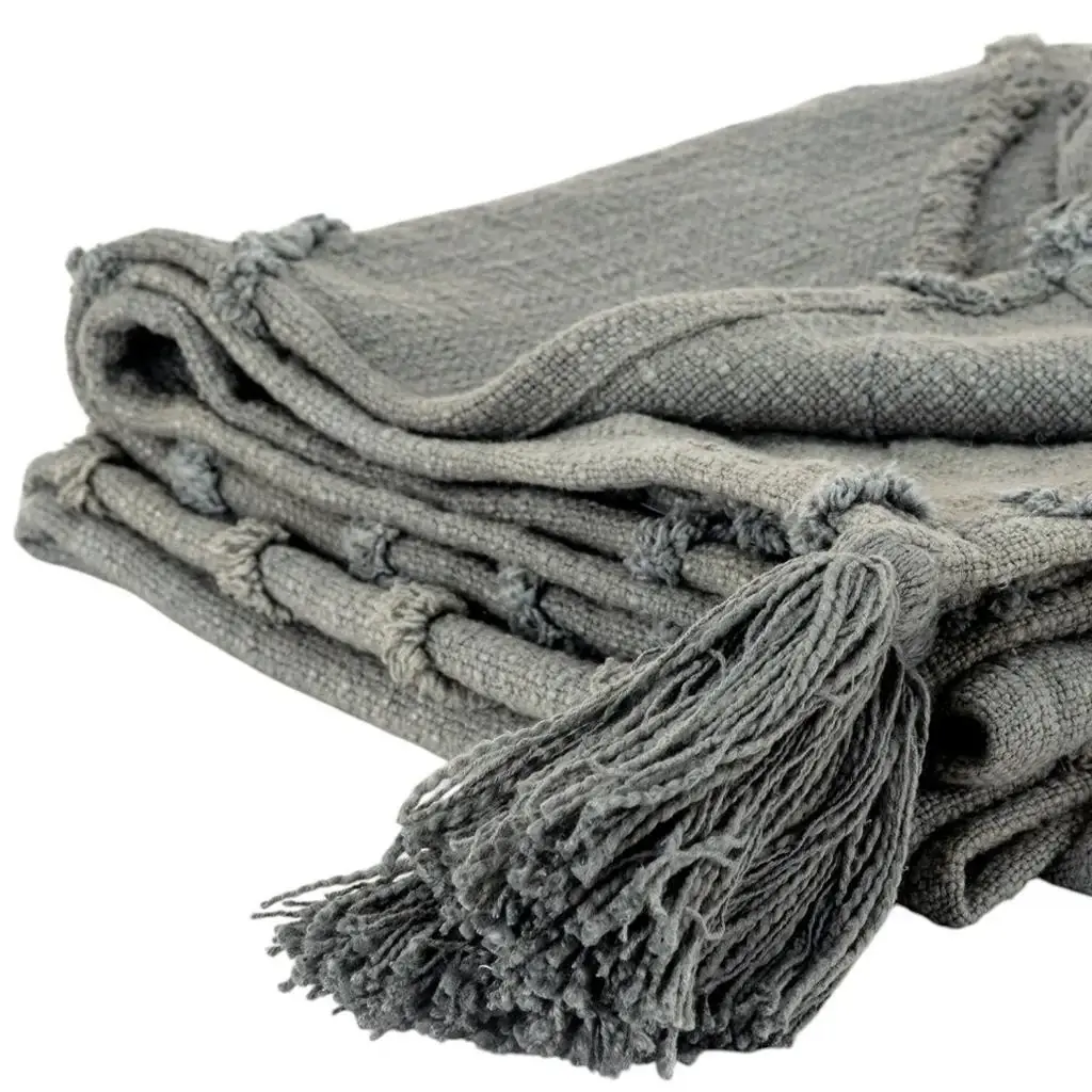 50" X 60" Gray Cotton Woven Geometric Throw Blanket with Tassels - Image 5