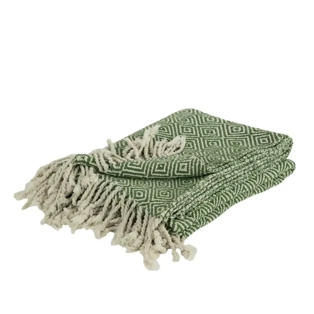 50" X 60" Green Cotton Woven Geometric Throw Blanket with Fringe - Image 2