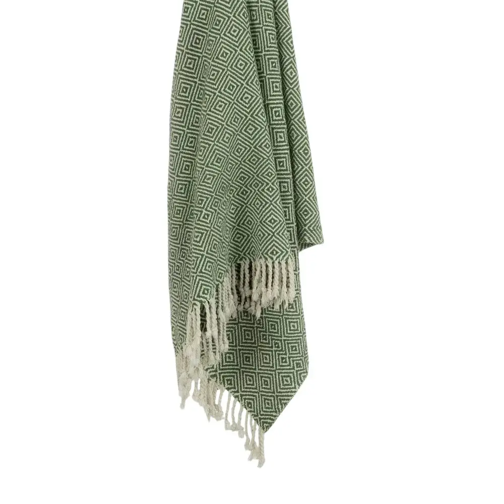 50" X 60" Green Cotton Woven Geometric Throw Blanket with Fringe - Image 5