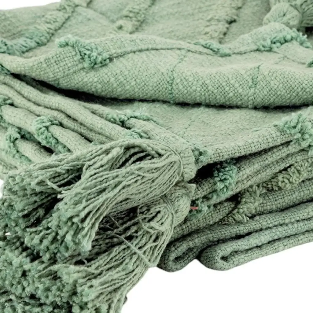 50" X 60" Green Cotton Woven Geometric Throw Blanket with Tassels - Image 3