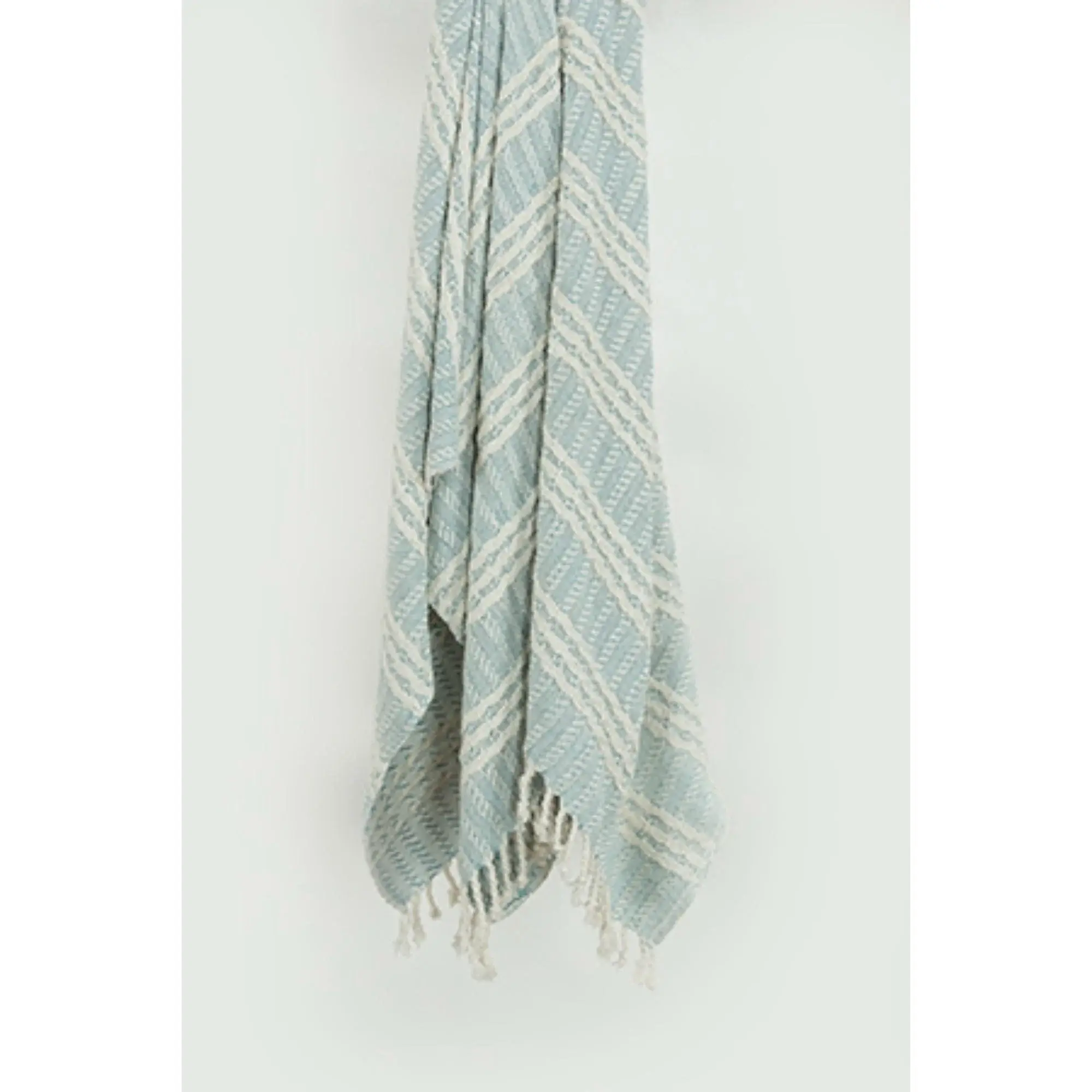 50" X 60" Light Blue And Ivory Striped Cotton Throw Blanket with Fringe - Image 4