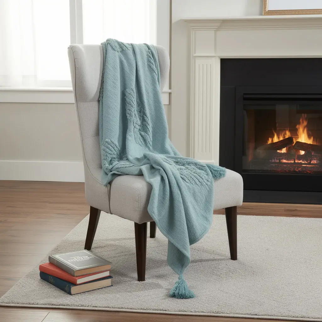 50" X 60" Teal And Blue Cotton Woven Ikat Throw Blanket with Fringe