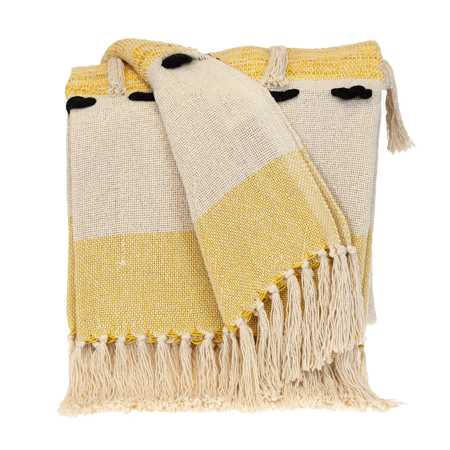 50" X 60" Yellow and Ivory Woven Cotton Striped Throw Blanket with Tassels - Image 2
