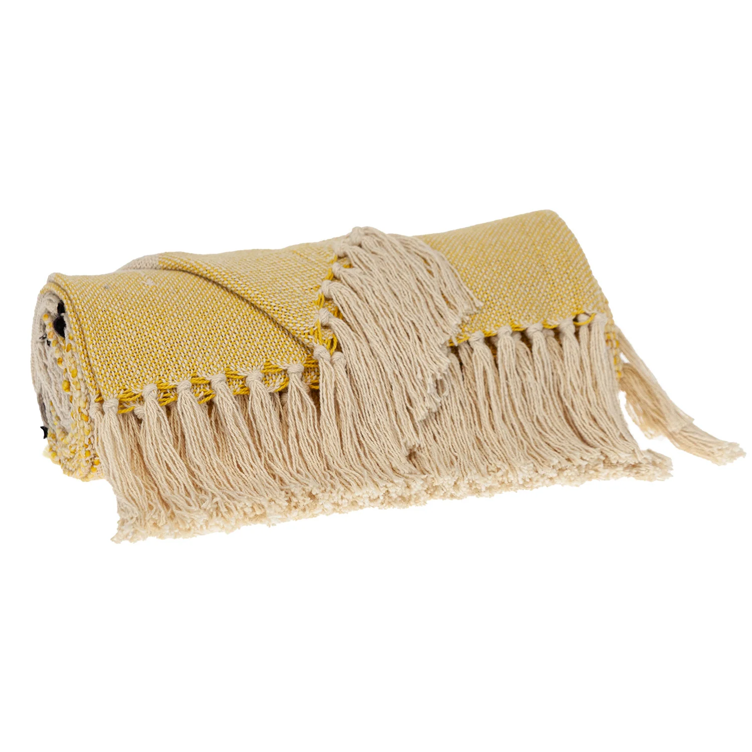 50" X 60" Yellow and Ivory Woven Cotton Striped Throw Blanket with Tassels - Image 3