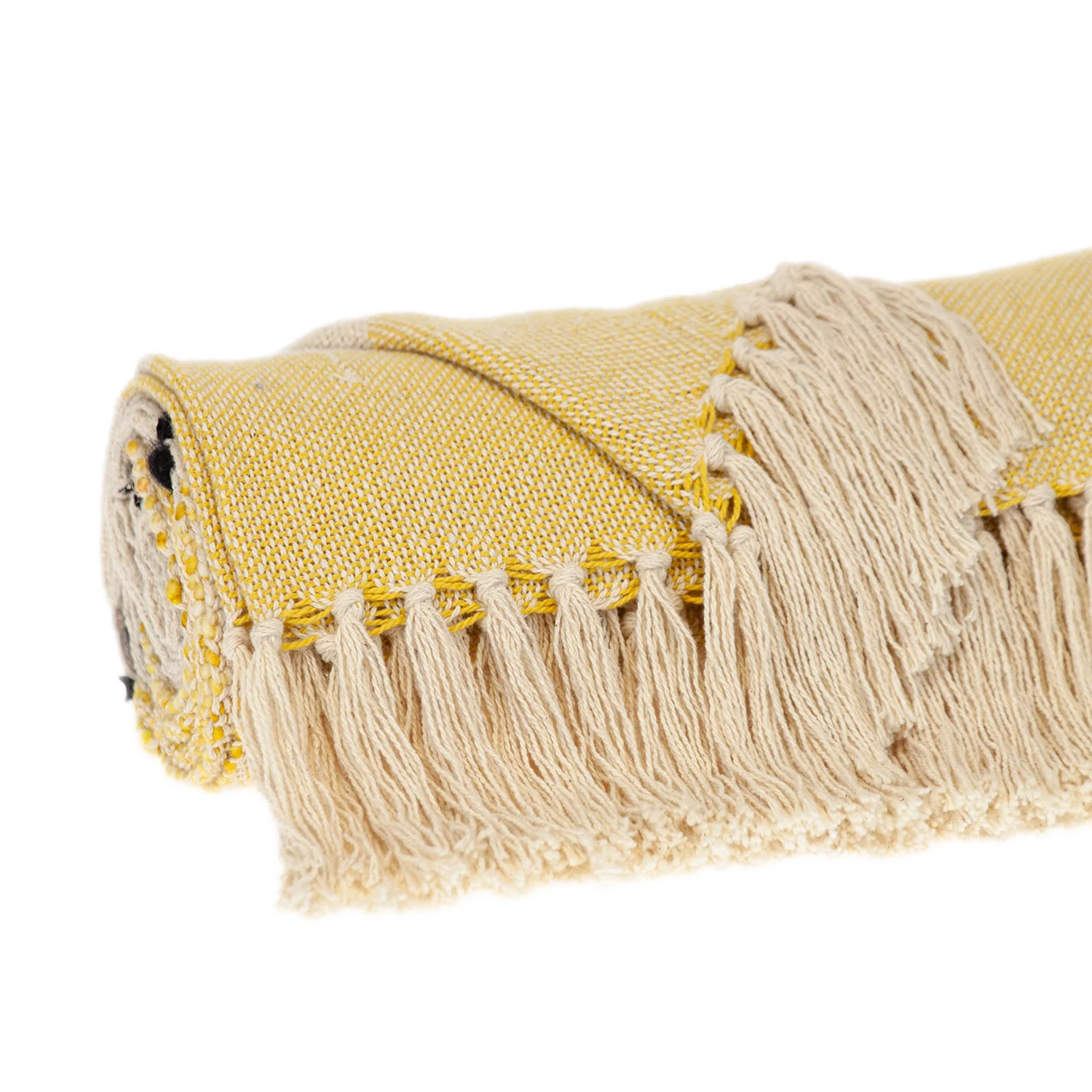 50" X 60" Yellow and Ivory Woven Cotton Striped Throw Blanket with Tassels - Image 4