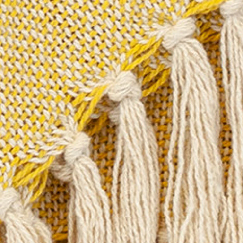 50" X 60" Yellow and Ivory Woven Cotton Striped Throw Blanket with Tassels - Image 5
