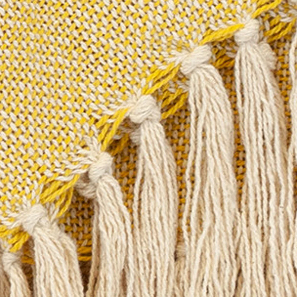 50" X 60" Yellow and Ivory Woven Cotton Striped Throw Blanket with Tassels - Image 6