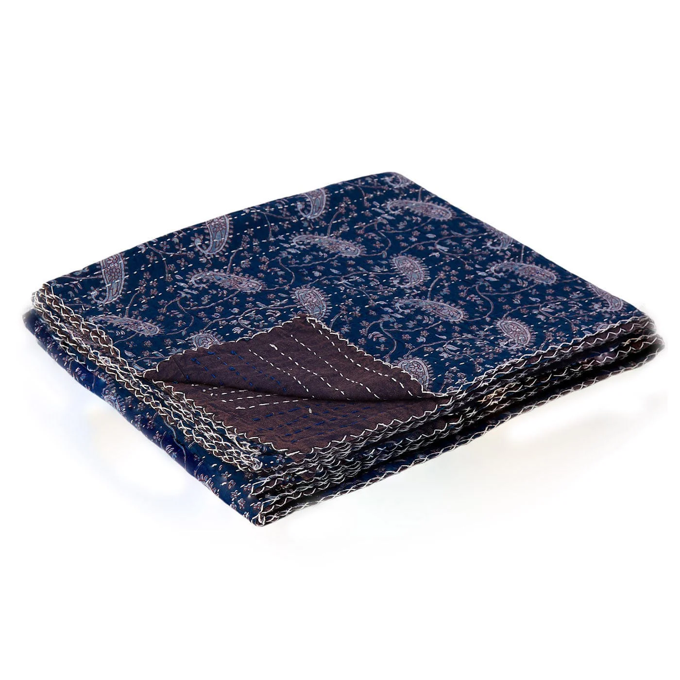 50" X 70" Blue and Gray Kantha Cotton Paisley Throw Blanket with Embroidery - Image 3