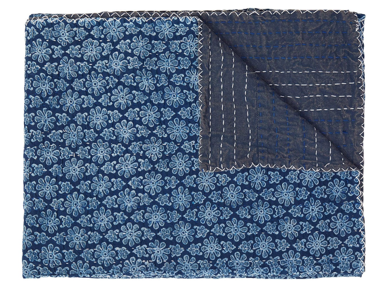 50" X 70" Blue Kantha Cotton Floral Throw Blanket with Embroidery - Image 2