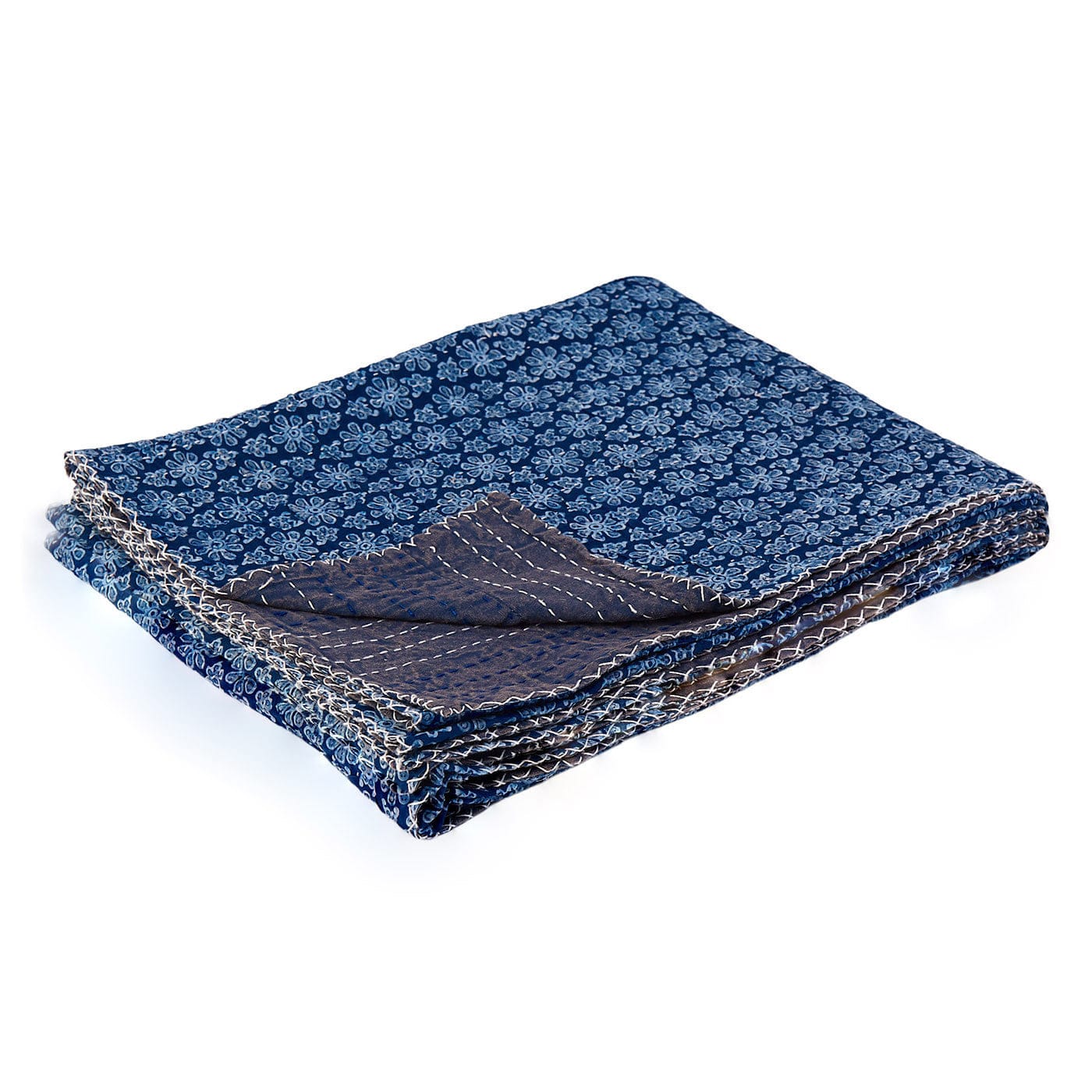 50" X 70" Blue Kantha Cotton Floral Throw Blanket with Embroidery - Image 3
