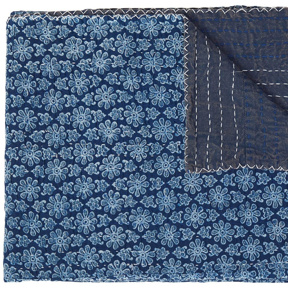 50" X 70" Blue Kantha Cotton Floral Throw Blanket with Embroidery - Image 4