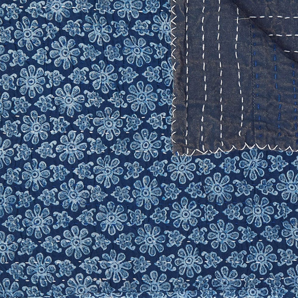 50" X 70" Blue Kantha Cotton Floral Throw Blanket with Embroidery - Image 5