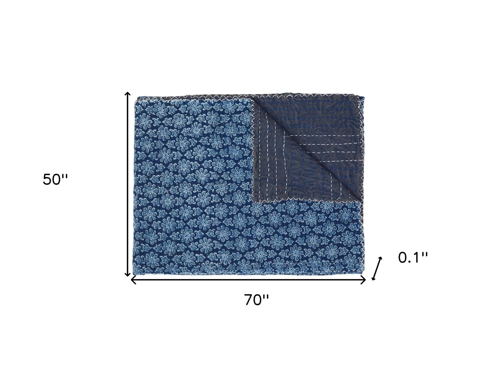 50" X 70" Blue Kantha Cotton Floral Throw Blanket with Embroidery - Image 6
