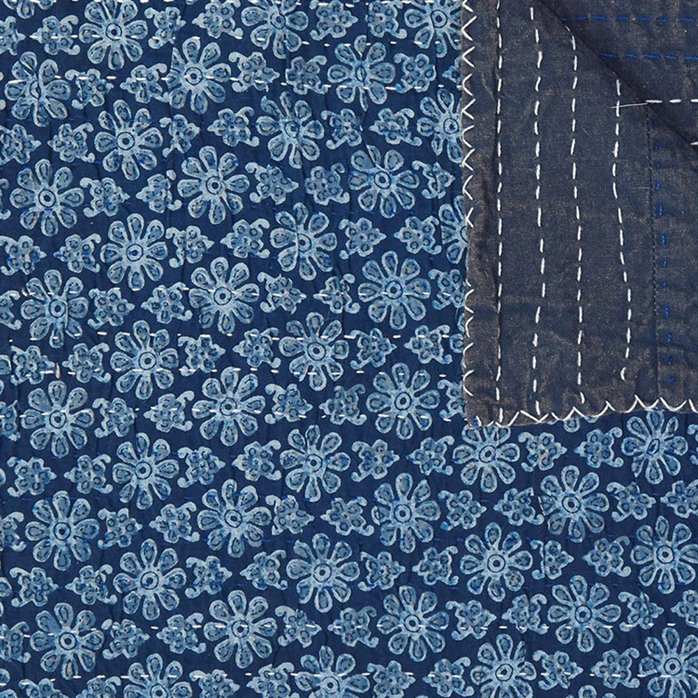 50" X 70" Blue Kantha Cotton Floral Throw Blanket with Embroidery - Image 7