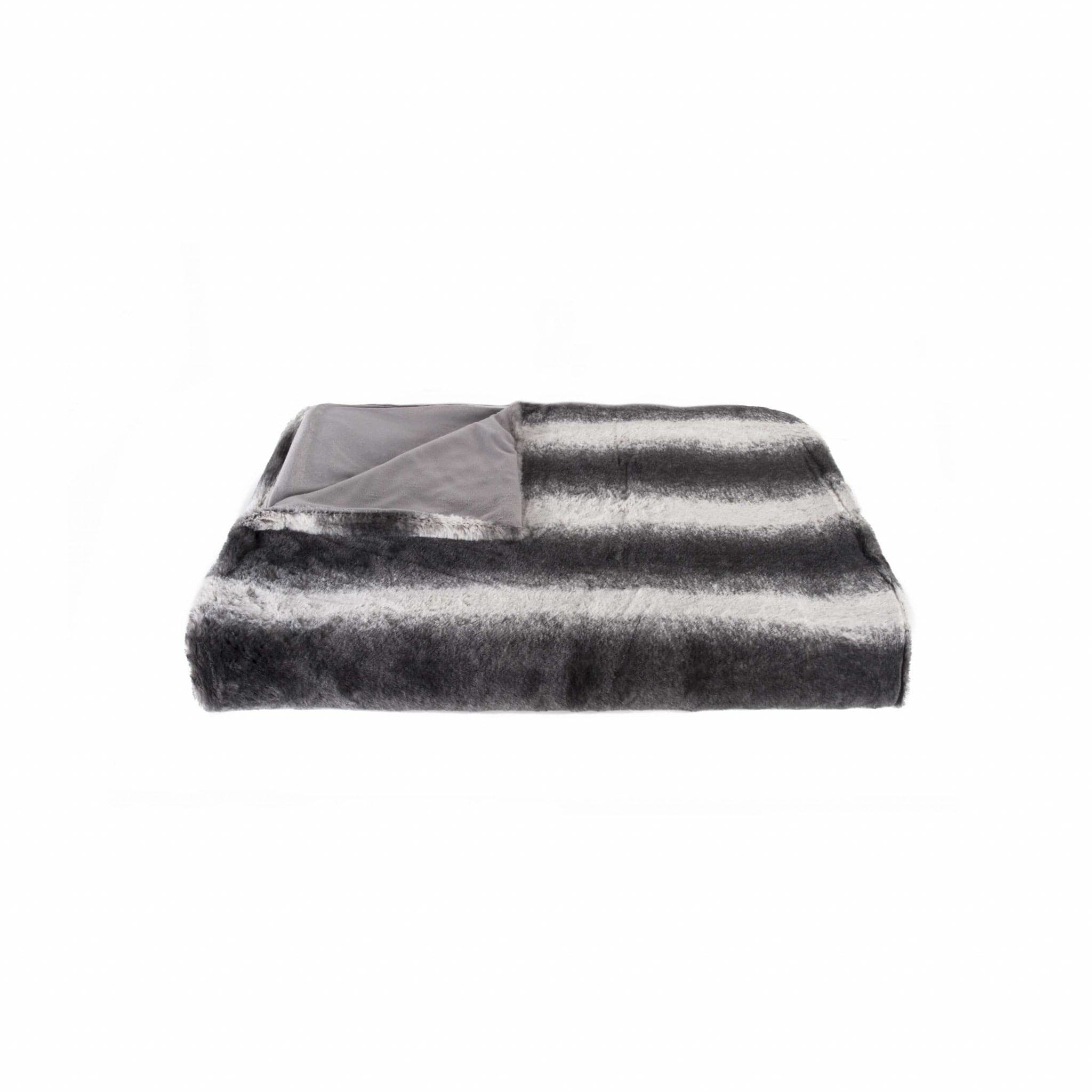 50" X 70" Gray and White Faux Fur Striped Plush Throw Blanket - Image 3